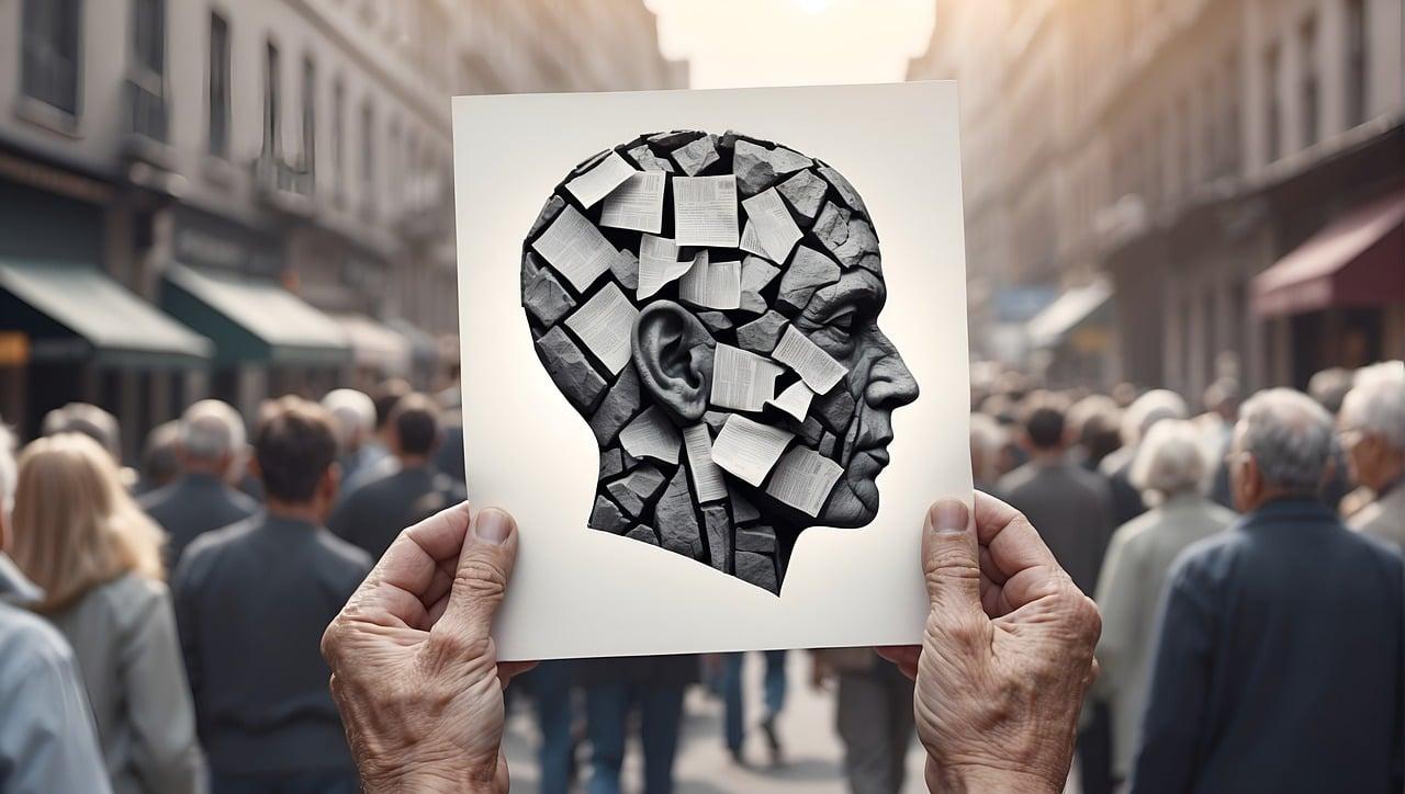 Alzheimer's Photo of road with people and in front a picture is being held up by two elderly looking hands of head in lots of pieces